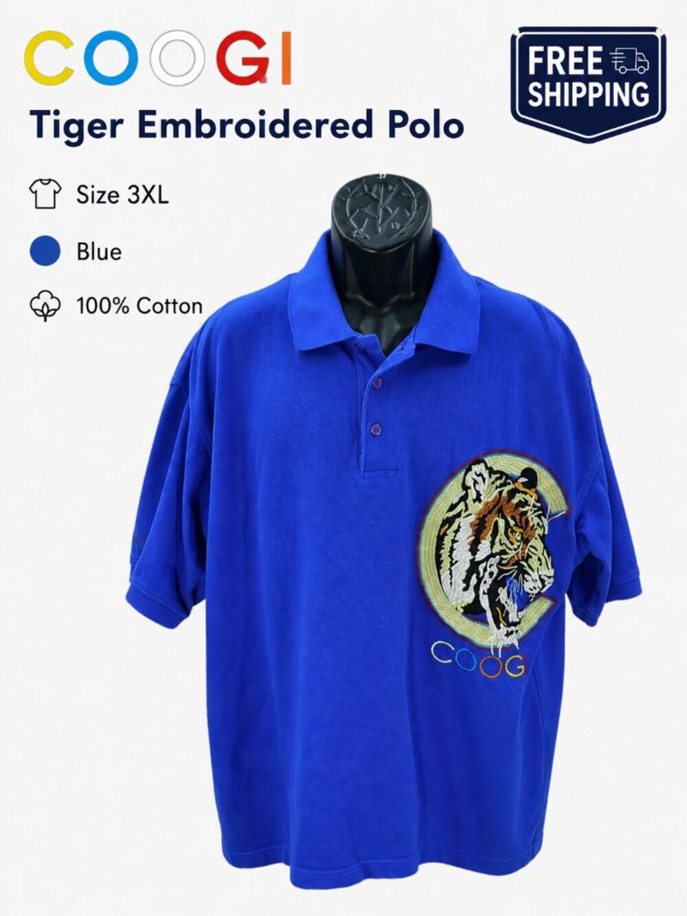 COOGI Tiger Embroidered Polo Men's 3XL Blue Cotton Y2K Streetwear